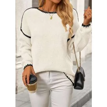 KIRUNDO Womens Sweaters 2025 Fall Oversized Long Sleeve Chunky Knit Crew Neck Contrast Stitching Pullover Winter Clothes(White, Small)