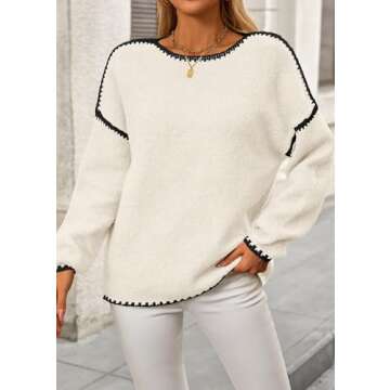 KIRUNDO Womens Sweaters 2025 Fall Oversized Long Sleeve Chunky Knit Crew Neck Contrast Stitching Pullover Winter Clothes(White, Small)