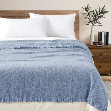 BOURINA Faux Cashmere Fringe Throw Blanket Decorative Lightweight Throw Soft Cozy for Bed or Sofa Outdoor Blanket, 50" x 70" Blue