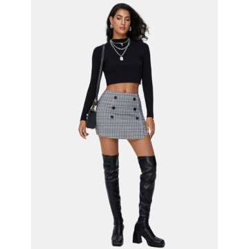 EXLURA Womens Tweed Plaid Bodycon Mini Skirts High Elastic Wasit Short Skirt 2024 Trendy Fall Winter...