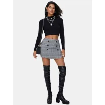 EXLURA Womens Tweed Plaid Bodycon Mini Skirts High Elastic Wasit Short Skirt 2024 Trendy Fall Winter...