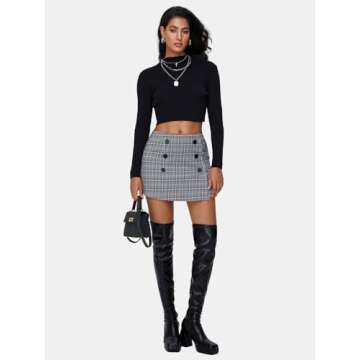 EXLURA Womens Tweed Plaid Bodycon Mini Skirts High Elastic Wasit Short Skirt 2024 Trendy Fall Winter Fashion Clothes Grey Pink