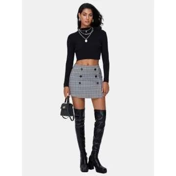 EXLURA Womens Tweed Plaid Bodycon Mini Skirts High Elastic Wasit Short Skirt 2024 Trendy Fall Winter Fashion Clothes Grey Pink