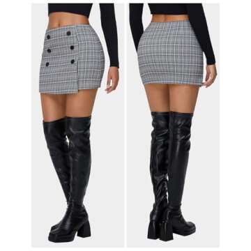 EXLURA Womens Tweed Plaid Bodycon Mini Skirts High Elastic Wasit Short Skirt 2024 Trendy Fall Winter Fashion Clothes Grey Pink
