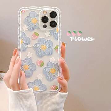 Ownest Compatible for iPhone 13 Pro Max Clear Case 6.7 Inch with Flower Cute Strawberry Lace Design for Girls Woman TPU Protective Slim Shockproof Floral Case for iPhone 13 Pro Max-Blue
