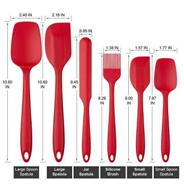 Silicone Spatula Set, G.a HOMEFAVOR Heat-Resistant Spatula - One Piece Seamless Design, Non-Stick Silicone with Reinforced Stainless Steel Core (6 Piece Set, Red)