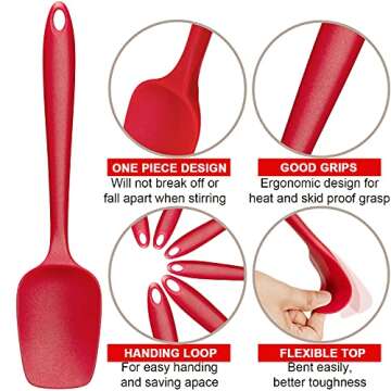 Silicone Spatula Set, G.a HOMEFAVOR Heat-Resistant Spatula - One Piece Seamless Design, Non-Stick Silicone with Reinforced Stainless Steel Core (6 Piece Set, Red)