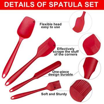 Silicone Spatula Set, G.a HOMEFAVOR Heat-Resistant Spatula - One Piece Seamless Design, Non-Stick Silicone with Reinforced Stainless Steel Core (6 Piece Set, Red)