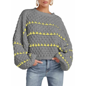 Saodimallsu Womens Oversized Sweaters Striped Long Lantern Sleeve Crew Neck Fall Trendy Knit Pullove...