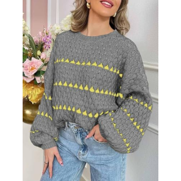Saodimallsu Womens Oversized Sweaters Striped Long Lantern Sleeve Crew Neck Fall Trendy Knit Pullover Sweater Gray