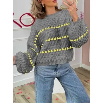 Saodimallsu Womens Oversized Sweaters Striped Long Lantern Sleeve Crew Neck Fall Trendy Knit Pullover Sweater Gray