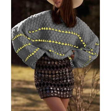 Saodimallsu Womens Oversized Sweaters Striped Long Lantern Sleeve Crew Neck Fall Trendy Knit Pullover Sweater Gray