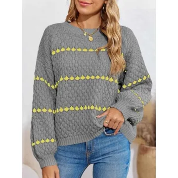 Saodimallsu Womens Oversized Sweaters Striped Long Lantern Sleeve Crew Neck Fall Trendy Knit Pullover Sweater Gray