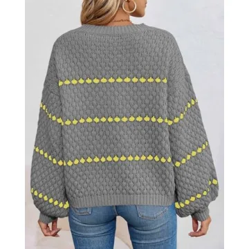 Saodimallsu Womens Oversized Sweaters Striped Long Lantern Sleeve Crew Neck Fall Trendy Knit Pullover Sweater Gray