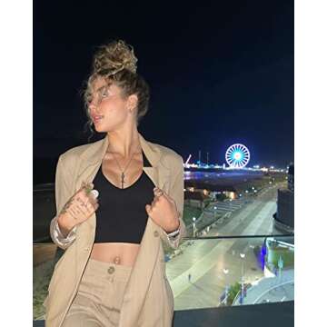 OQQ Women's 2 Piece Tank Top Ribbed Sleeveless Sexy Deep V Neck Removable Cups Yoga Crop, Black,beige, Medium