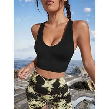 OQQ Women's 2 Piece Tank Top Ribbed Sleeveless Sexy Deep V Neck Removable Cups Yoga Crop, Black,beige, Medium