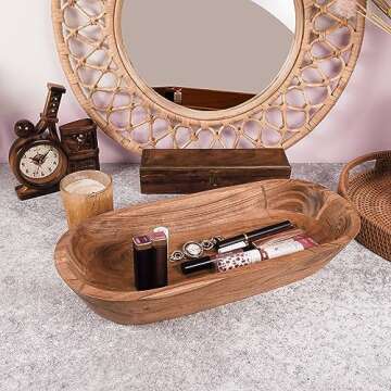 Wooden Dough Bowl – Handmade Decorative Bowls for Home Decor, Bathroom, Kitchen Counter & More - Acacia Wood Large Dough Bowl Fits Cosmetics, Keys & Other Knick Knacks – Great Boho Home Decorations