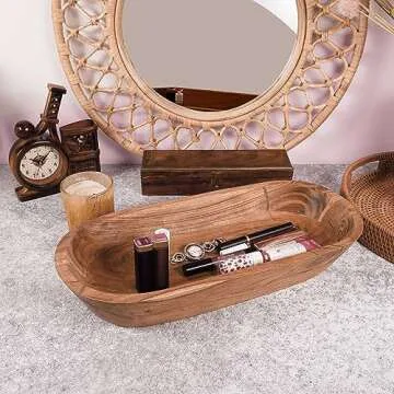 Wooden Dough Bowl – Handmade Decorative Bowls for Home Decor, Bathroom, Kitchen Counter & More - Acacia Wood Large Dough Bowl Fits Cosmetics, Keys & Other Knick Knacks – Great Boho Home Decorations