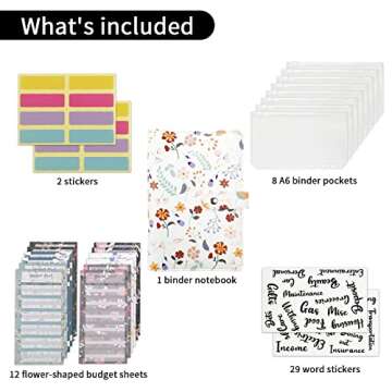 YoeeJob A6 Flower Pattern Budget Binder with 8 Packs Zipper Binder Pockets and 12 Packs Budget Sheets, 29 Packs Word Stickers and 2 Self-Adhesive Labels, Saving Money Organizer for Cash(White)