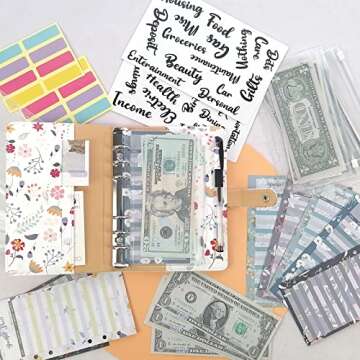 YoeeJob A6 Flower Pattern Budget Binder with 8 Packs Zipper Binder Pockets and 12 Packs Budget Sheets, 29 Packs Word Stickers and 2 Self-Adhesive Labels, Saving Money Organizer for Cash(White)