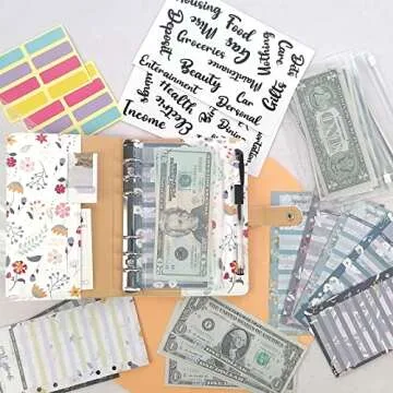 YoeeJob A6 Flower Pattern Budget Binder with 8 Packs Zipper Binder Pockets and 12 Packs Budget Sheets, 29 Packs Word Stickers and 2 Self-Adhesive Labels, Saving Money Organizer for Cash(White)