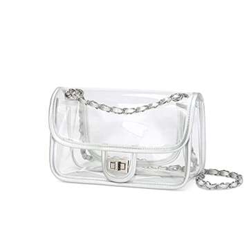 LAM GALLERY Womens PVC Clear Purse Handbag with Chain Stadium Approved Clear Bag See Through Bag for Working and Concert (Silver Silver Large)