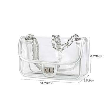 LAM GALLERY Womens PVC Clear Purse Handbag with Chain Stadium Approved Clear Bag See Through Bag for Working and Concert (Silver Silver Large)