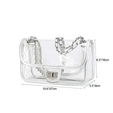 LAM GALLERY Womens PVC Clear Purse Handbag with Chain Stadium Approved Clear Bag See Through Bag for Working and Concert (Silver Silver Large)