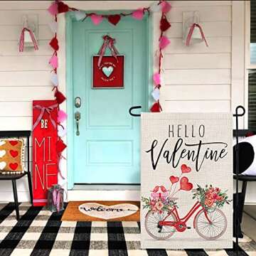 Love Heart Rose Bicycle Valentine's Day Garden Flag 12x18 Inch Vertical Double Sided Holiday Anniver...