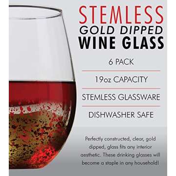 Kitchen Lux 18 oz Gold Rimmed Stemless Wine Glasses for Parties – Set of 6 Gold Wine Glass Cocktail Tumblers – Large Crystal Clear Wine Cups - Deluxe Glassware Gift for Christmas - Dishwasher Safe