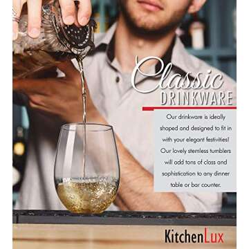 Kitchen Lux 18 oz Gold Rimmed Stemless Wine Glasses for Parties – Set of 6 Gold Wine Glass Cocktail Tumblers – Large Crystal Clear Wine Cups - Deluxe Glassware Gift for Christmas - Dishwasher Safe