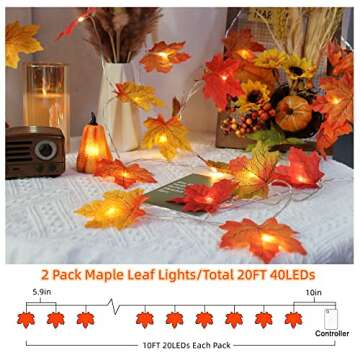 2 Pack Thanksgiving Decorations Maple Leaf Lights Multicolored, 20Ft 40LED Battery Operated Fall Leaves Garland with Lights String for Autumn Harvest Table Door Porch Home Indoor Outdoor Fall Decor