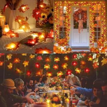 2 Pack Thanksgiving Decorations Maple Leaf Lights Multicolored, 20Ft 40LED Battery Operated Fall Leaves Garland with Lights String for Autumn Harvest Table Door Porch Home Indoor Outdoor Fall Decor