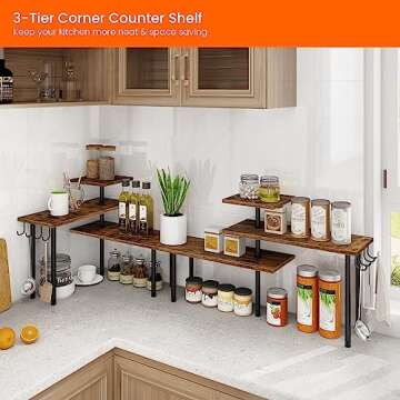 Homode Kitchen Countertop Organizer - Rustic 3-Tier Corner Shelf for Home Storage