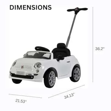 Best Ride On Cars Fiat 500 Push Car, with Stroller, Adjustable Footrest and Handle, Horn, Music, Stable Wheels, For Kids Aged 2-3 Years, 37 x 19 x 12 inches, Large, White