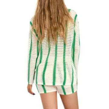 Auciho Women's Color Block Y2K Knit 2 Piece Outfits Crochet Knitted Hollow Out Long Sleeve Button Up Shirts and Shorts Set