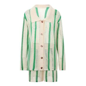 Auciho Women's Color Block Y2K Knit 2 Piece Outfits Crochet Knitted Hollow Out Long Sleeve Button Up Shirts and Shorts Set