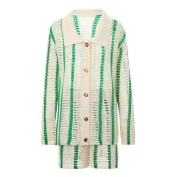 Auciho Women's Color Block Y2K Knit 2 Piece Outfits Crochet Knitted Hollow Out Long Sleeve Button Up Shirts and Shorts Set