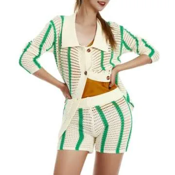 Auciho Women's Color Block Y2K Knit 2 Piece Outfits Crochet Knitted Hollow Out Long Sleeve Button Up Shirts and Shorts Set