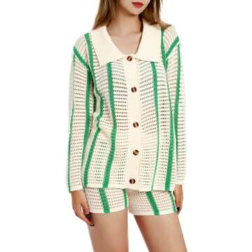 Auciho Women's Color Block Y2K Knit 2 Piece Outfits Crochet Knitted Hollow Out Long Sleeve Button Up Shirts and Shorts Set