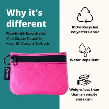 Flowfold Recycled Fabric Mini Zipper Pouch Water Repellent Small Pouch Wallet & Card Pouch for Keys, ID, Coins & AirPods Case Made in USA (Hot Pink, Recycled Material)