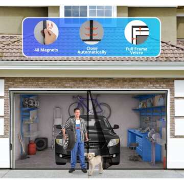 Garage Door Screen for 1 Car 9x8FT, Magnetic Screen Garage with Retractable Fiberglass Mesh and Heavy Duty Weighted Bottom, Easy Assembly & Pass, Hands Free Screen Door w/ 44 Magnets for Garage/Patio
