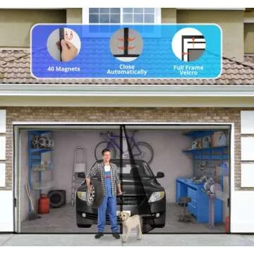 Garage Door Screen for 1 Car 9x8FT, Magnetic Screen Garage with Retractable Fiberglass Mesh and Heavy Duty Weighted Bottom, Easy Assembly & Pass, Hands Free Screen Door w/ 44 Magnets for Garage/Patio