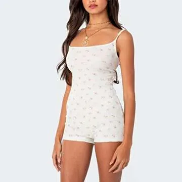 Mtsebmves Women Y2k Long Sleeve One Piece Rompers Jumpsuit Floral Print Bodycon Bodysuit Shorts Pajama Onesie(#A-White,XS)