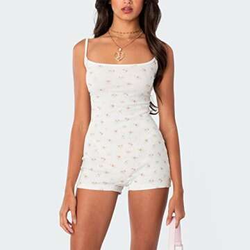 Mtsebmves Women Y2k Long Sleeve One Piece Rompers Jumpsuit Floral Print Bodycon Bodysuit Shorts Pajama Onesie(#A-White,XS)