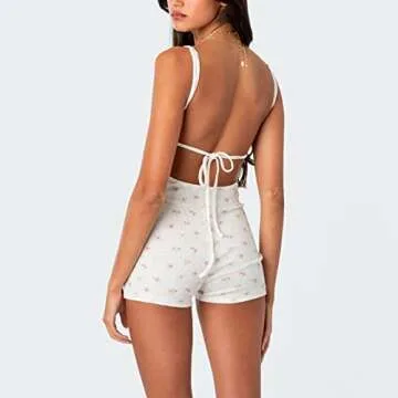 Mtsebmves Women Y2k Long Sleeve One Piece Rompers Jumpsuit Floral Print Bodycon Bodysuit Shorts Pajama Onesie(#A-White,XS)