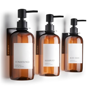 Stylish Shampoo and Conditioner Dispenser Set of 3 for Wall Mount - Modern Drill Free 21oz Shower So...