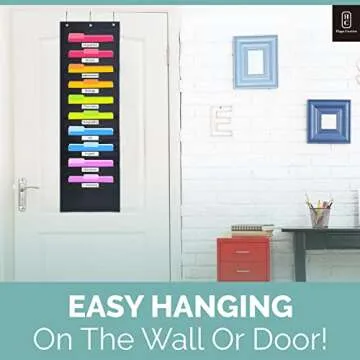 Black Pocket Chart for Classroom - 10 Pocket Storage Rainbow Pocket Charts , 3 Over Door Hangers Included, Hanging Wall File Organizer for File Folders, School Mailbox, Home/Office Papers