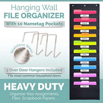 Black Pocket Chart for Classroom - 10 Pocket Storage Rainbow Pocket Charts , 3 Over Door Hangers Included, Hanging Wall File Organizer for File Folders, School Mailbox, Home/Office Papers