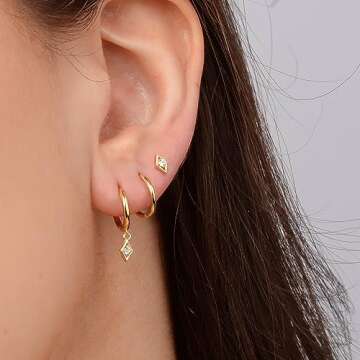 Freekiss Gold Hoop Earrings for Women: Dangle Earrings Dainty 14K Gold Plated Stud Earrings Cute Tiny Square CZ Diamond Hoop Earings Set Gold Jewelry for Women Gifts